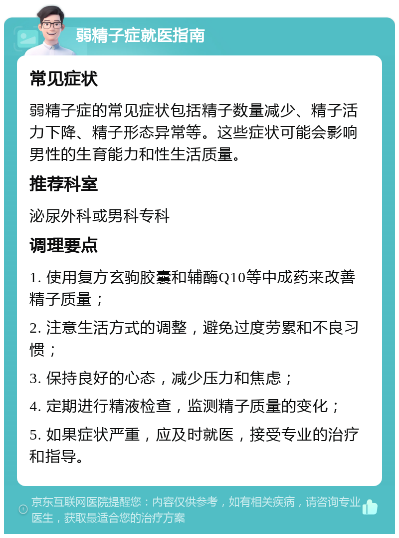 弱精子症就医指南 常见症状 弱精子症的常见症状包括精子数量减少、精子活力下降、精子形态异常等。这些症状可能会影响男性的生育能力和性生活质量。 推荐科室 泌尿外科或男科专科 调理要点 1. 使用复方玄驹胶囊和辅酶Q10等中成药来改善精子质量； 2. 注意生活方式的调整，避免过度劳累和不良习惯； 3. 保持良好的心态，减少压力和焦虑； 4. 定期进行精液检查，监测精子质量的变化； 5. 如果症状严重，应及时就医，接受专业的治疗和指导。