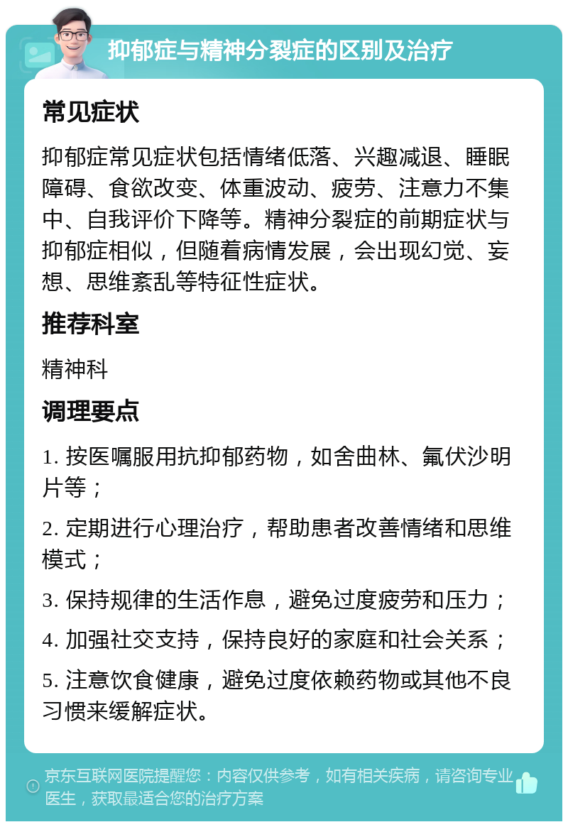 抑郁症与精神分裂症的区别及治疗 常见症状 抑郁症常见症状包括情绪低落、兴趣减退、睡眠障碍、食欲改变、体重波动、疲劳、注意力不集中、自我评价下降等。精神分裂症的前期症状与抑郁症相似，但随着病情发展，会出现幻觉、妄想、思维紊乱等特征性症状。 推荐科室 精神科 调理要点 1. 按医嘱服用抗抑郁药物，如舍曲林、氟伏沙明片等； 2. 定期进行心理治疗，帮助患者改善情绪和思维模式； 3. 保持规律的生活作息，避免过度疲劳和压力； 4. 加强社交支持，保持良好的家庭和社会关系； 5. 注意饮食健康，避免过度依赖药物或其他不良习惯来缓解症状。