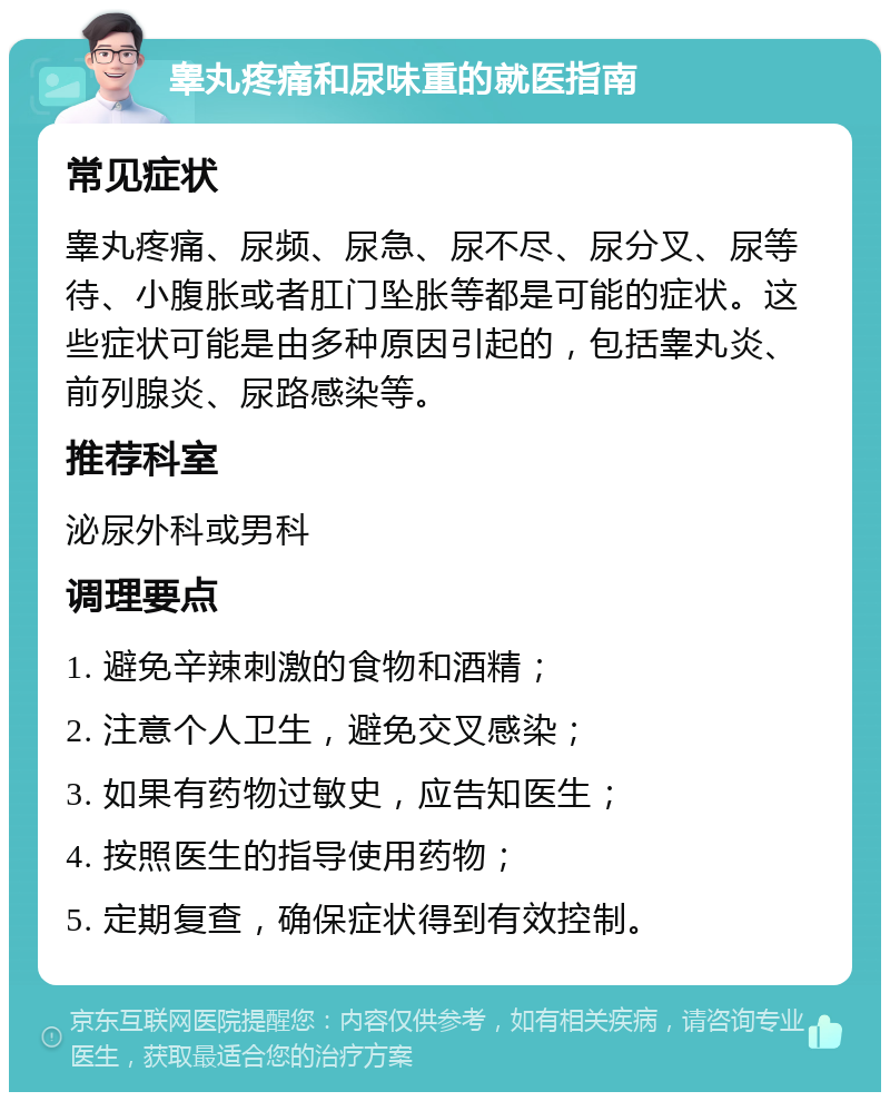 睾丸疼痛和尿味重的就医指南 常见症状 睾丸疼痛、尿频、尿急、尿不尽、尿分叉、尿等待、小腹胀或者肛门坠胀等都是可能的症状。这些症状可能是由多种原因引起的，包括睾丸炎、前列腺炎、尿路感染等。 推荐科室 泌尿外科或男科 调理要点 1. 避免辛辣刺激的食物和酒精； 2. 注意个人卫生，避免交叉感染； 3. 如果有药物过敏史，应告知医生； 4. 按照医生的指导使用药物； 5. 定期复查，确保症状得到有效控制。