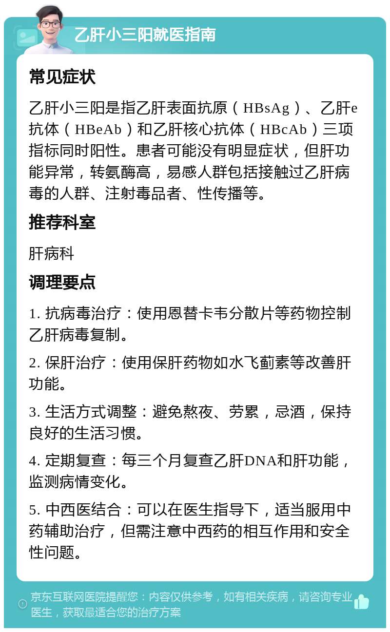 乙肝小三阳就医指南 常见症状 乙肝小三阳是指乙肝表面抗原（HBsAg）、乙肝e抗体（HBeAb）和乙肝核心抗体（HBcAb）三项指标同时阳性。患者可能没有明显症状，但肝功能异常，转氨酶高，易感人群包括接触过乙肝病毒的人群、注射毒品者、性传播等。 推荐科室 肝病科 调理要点 1. 抗病毒治疗：使用恩替卡韦分散片等药物控制乙肝病毒复制。 2. 保肝治疗：使用保肝药物如水飞蓟素等改善肝功能。 3. 生活方式调整：避免熬夜、劳累，忌酒，保持良好的生活习惯。 4. 定期复查：每三个月复查乙肝DNA和肝功能，监测病情变化。 5. 中西医结合：可以在医生指导下，适当服用中药辅助治疗，但需注意中西药的相互作用和安全性问题。