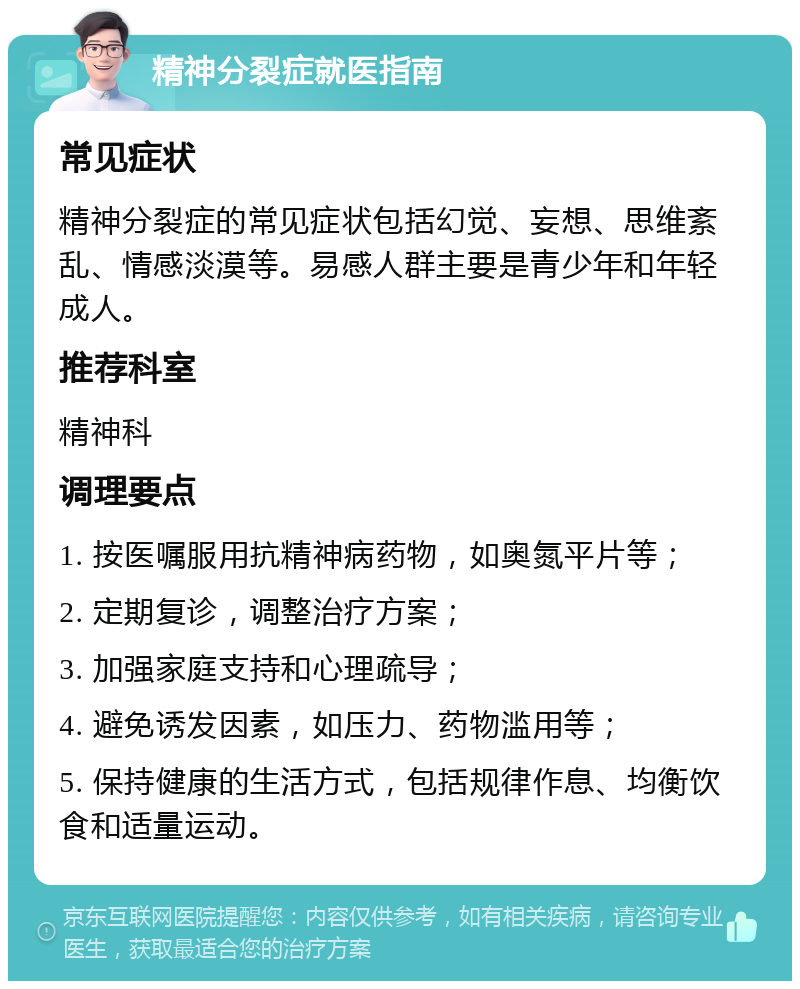 精神分裂症就医指南 常见症状 精神分裂症的常见症状包括幻觉、妄想、思维紊乱、情感淡漠等。易感人群主要是青少年和年轻成人。 推荐科室 精神科 调理要点 1. 按医嘱服用抗精神病药物，如奥氮平片等； 2. 定期复诊，调整治疗方案； 3. 加强家庭支持和心理疏导； 4. 避免诱发因素，如压力、药物滥用等； 5. 保持健康的生活方式，包括规律作息、均衡饮食和适量运动。