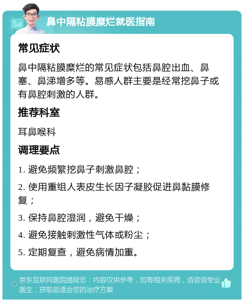 鼻中隔粘膜糜烂就医指南 常见症状 鼻中隔粘膜糜烂的常见症状包括鼻腔出血、鼻塞、鼻涕增多等。易感人群主要是经常挖鼻子或有鼻腔刺激的人群。 推荐科室 耳鼻喉科 调理要点 1. 避免频繁挖鼻子刺激鼻腔； 2. 使用重组人表皮生长因子凝胶促进鼻黏膜修复； 3. 保持鼻腔湿润，避免干燥； 4. 避免接触刺激性气体或粉尘； 5. 定期复查，避免病情加重。