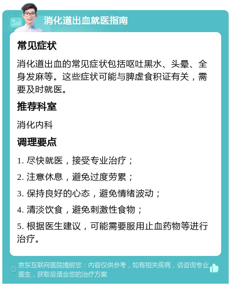 消化道出血就医指南 常见症状 消化道出血的常见症状包括呕吐黑水、头晕、全身发麻等。这些症状可能与脾虚食积证有关，需要及时就医。 推荐科室 消化内科 调理要点 1. 尽快就医，接受专业治疗； 2. 注意休息，避免过度劳累； 3. 保持良好的心态，避免情绪波动； 4. 清淡饮食，避免刺激性食物； 5. 根据医生建议，可能需要服用止血药物等进行治疗。