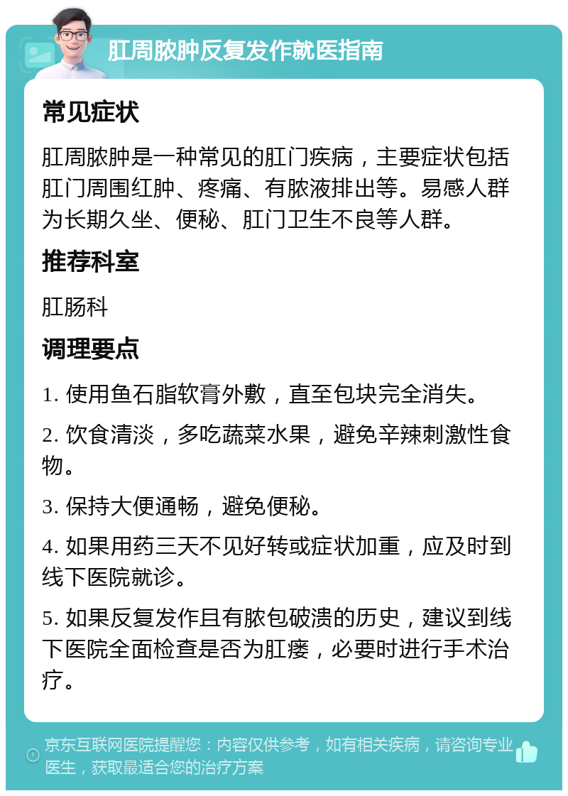 肛周脓肿反复发作就医指南 常见症状 肛周脓肿是一种常见的肛门疾病，主要症状包括肛门周围红肿、疼痛、有脓液排出等。易感人群为长期久坐、便秘、肛门卫生不良等人群。 推荐科室 肛肠科 调理要点 1. 使用鱼石脂软膏外敷，直至包块完全消失。 2. 饮食清淡，多吃蔬菜水果，避免辛辣刺激性食物。 3. 保持大便通畅，避免便秘。 4. 如果用药三天不见好转或症状加重，应及时到线下医院就诊。 5. 如果反复发作且有脓包破溃的历史，建议到线下医院全面检查是否为肛瘘，必要时进行手术治疗。