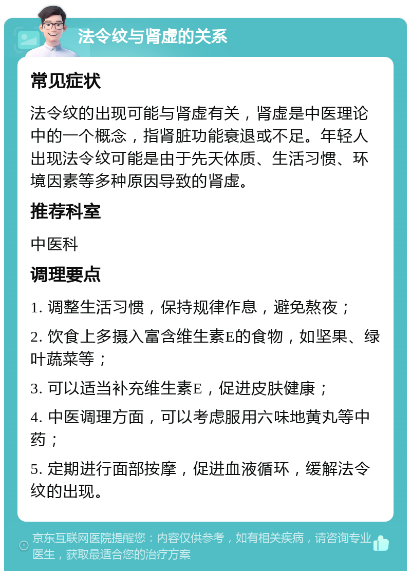 法令纹与肾虚的关系 常见症状 法令纹的出现可能与肾虚有关，肾虚是中医理论中的一个概念，指肾脏功能衰退或不足。年轻人出现法令纹可能是由于先天体质、生活习惯、环境因素等多种原因导致的肾虚。 推荐科室 中医科 调理要点 1. 调整生活习惯，保持规律作息，避免熬夜； 2. 饮食上多摄入富含维生素E的食物，如坚果、绿叶蔬菜等； 3. 可以适当补充维生素E，促进皮肤健康； 4. 中医调理方面，可以考虑服用六味地黄丸等中药； 5. 定期进行面部按摩，促进血液循环，缓解法令纹的出现。