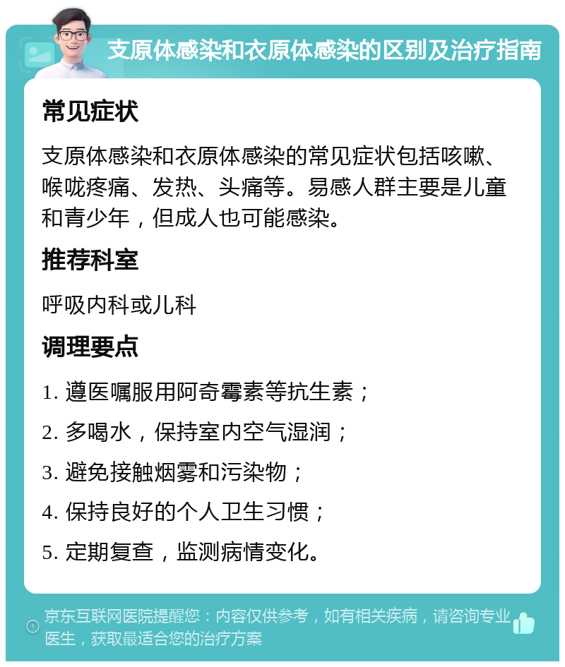 支原体感染和衣原体感染的区别及治疗指南 常见症状 支原体感染和衣原体感染的常见症状包括咳嗽、喉咙疼痛、发热、头痛等。易感人群主要是儿童和青少年，但成人也可能感染。 推荐科室 呼吸内科或儿科 调理要点 1. 遵医嘱服用阿奇霉素等抗生素； 2. 多喝水，保持室内空气湿润； 3. 避免接触烟雾和污染物； 4. 保持良好的个人卫生习惯； 5. 定期复查，监测病情变化。