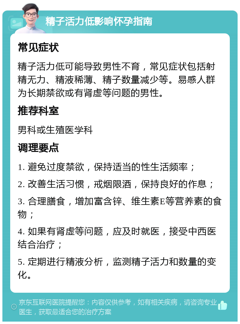 精子活力低影响怀孕指南 常见症状 精子活力低可能导致男性不育，常见症状包括射精无力、精液稀薄、精子数量减少等。易感人群为长期禁欲或有肾虚等问题的男性。 推荐科室 男科或生殖医学科 调理要点 1. 避免过度禁欲，保持适当的性生活频率； 2. 改善生活习惯，戒烟限酒，保持良好的作息； 3. 合理膳食，增加富含锌、维生素E等营养素的食物； 4. 如果有肾虚等问题，应及时就医，接受中西医结合治疗； 5. 定期进行精液分析，监测精子活力和数量的变化。