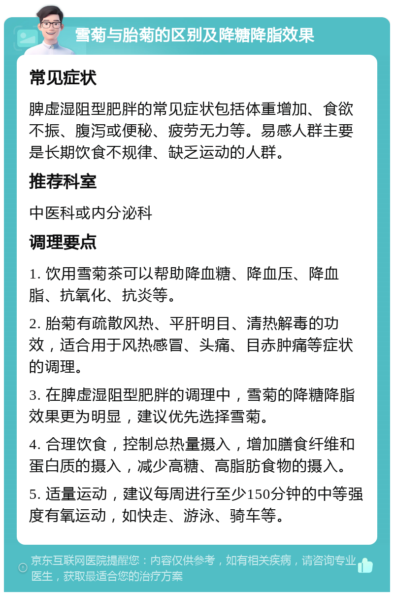 雪菊与胎菊的区别及降糖降脂效果 常见症状 脾虚湿阻型肥胖的常见症状包括体重增加、食欲不振、腹泻或便秘、疲劳无力等。易感人群主要是长期饮食不规律、缺乏运动的人群。 推荐科室 中医科或内分泌科 调理要点 1. 饮用雪菊茶可以帮助降血糖、降血压、降血脂、抗氧化、抗炎等。 2. 胎菊有疏散风热、平肝明目、清热解毒的功效，适合用于风热感冒、头痛、目赤肿痛等症状的调理。 3. 在脾虚湿阻型肥胖的调理中，雪菊的降糖降脂效果更为明显，建议优先选择雪菊。 4. 合理饮食，控制总热量摄入，增加膳食纤维和蛋白质的摄入，减少高糖、高脂肪食物的摄入。 5. 适量运动，建议每周进行至少150分钟的中等强度有氧运动，如快走、游泳、骑车等。