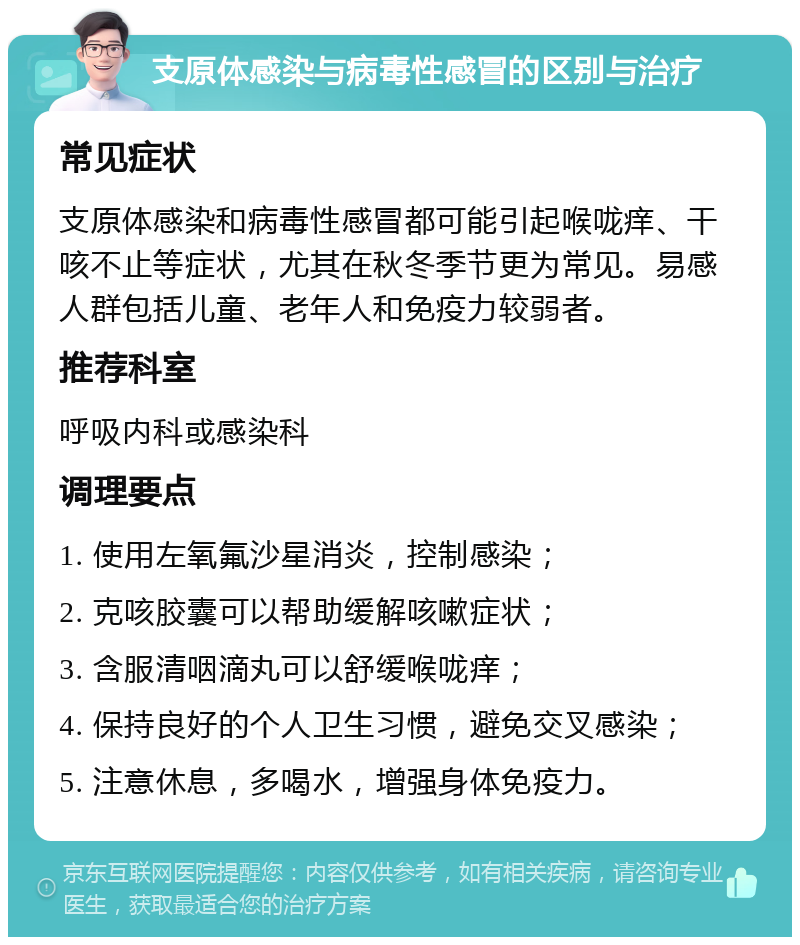 支原体感染与病毒性感冒的区别与治疗 常见症状 支原体感染和病毒性感冒都可能引起喉咙痒、干咳不止等症状，尤其在秋冬季节更为常见。易感人群包括儿童、老年人和免疫力较弱者。 推荐科室 呼吸内科或感染科 调理要点 1. 使用左氧氟沙星消炎，控制感染； 2. 克咳胶囊可以帮助缓解咳嗽症状； 3. 含服清咽滴丸可以舒缓喉咙痒； 4. 保持良好的个人卫生习惯，避免交叉感染； 5. 注意休息，多喝水，增强身体免疫力。