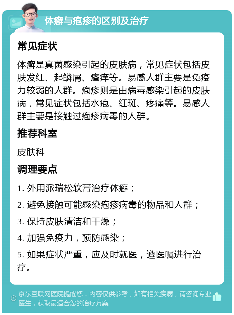 体癣与疱疹的区别及治疗 常见症状 体癣是真菌感染引起的皮肤病，常见症状包括皮肤发红、起鳞屑、瘙痒等。易感人群主要是免疫力较弱的人群。疱疹则是由病毒感染引起的皮肤病，常见症状包括水疱、红斑、疼痛等。易感人群主要是接触过疱疹病毒的人群。 推荐科室 皮肤科 调理要点 1. 外用派瑞松软膏治疗体癣； 2. 避免接触可能感染疱疹病毒的物品和人群； 3. 保持皮肤清洁和干燥； 4. 加强免疫力，预防感染； 5. 如果症状严重，应及时就医，遵医嘱进行治疗。