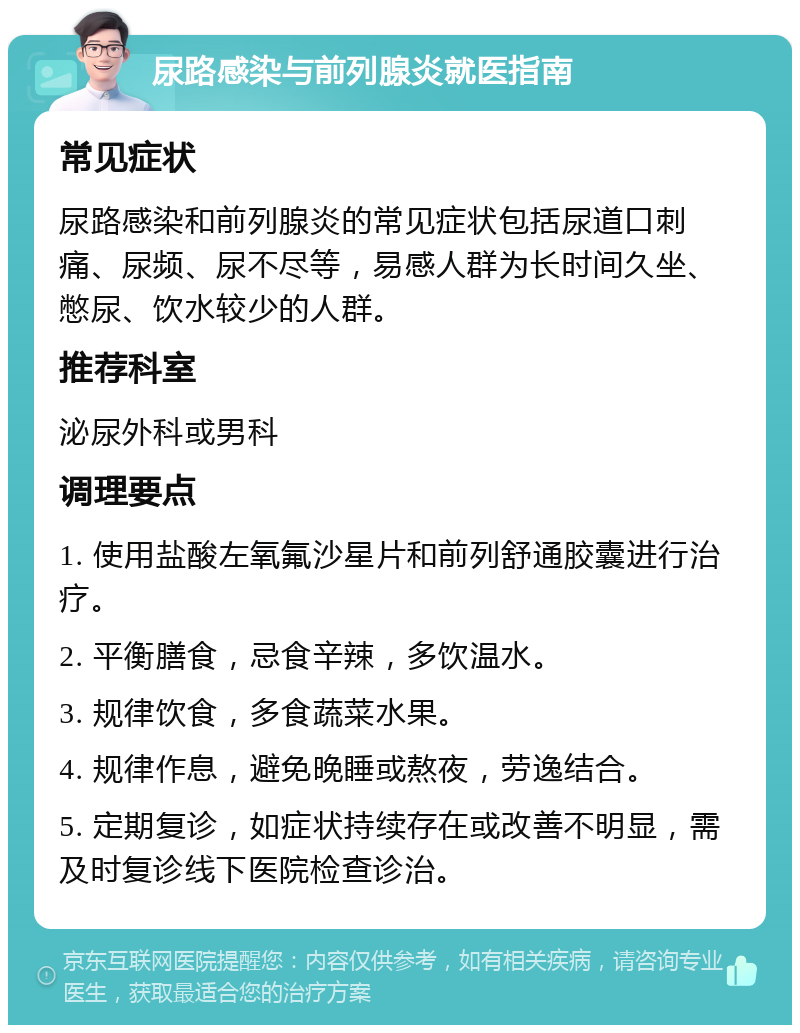 尿路感染与前列腺炎就医指南 常见症状 尿路感染和前列腺炎的常见症状包括尿道口刺痛、尿频、尿不尽等，易感人群为长时间久坐、憋尿、饮水较少的人群。 推荐科室 泌尿外科或男科 调理要点 1. 使用盐酸左氧氟沙星片和前列舒通胶囊进行治疗。 2. 平衡膳食，忌食辛辣，多饮温水。 3. 规律饮食，多食蔬菜水果。 4. 规律作息，避免晚睡或熬夜，劳逸结合。 5. 定期复诊，如症状持续存在或改善不明显，需及时复诊线下医院检查诊治。