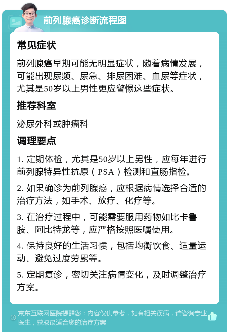 前列腺癌诊断流程图 常见症状 前列腺癌早期可能无明显症状，随着病情发展，可能出现尿频、尿急、排尿困难、血尿等症状，尤其是50岁以上男性更应警惕这些症状。 推荐科室 泌尿外科或肿瘤科 调理要点 1. 定期体检，尤其是50岁以上男性，应每年进行前列腺特异性抗原（PSA）检测和直肠指检。 2. 如果确诊为前列腺癌，应根据病情选择合适的治疗方法，如手术、放疗、化疗等。 3. 在治疗过程中，可能需要服用药物如比卡鲁胺、阿比特龙等，应严格按照医嘱使用。 4. 保持良好的生活习惯，包括均衡饮食、适量运动、避免过度劳累等。 5. 定期复诊，密切关注病情变化，及时调整治疗方案。