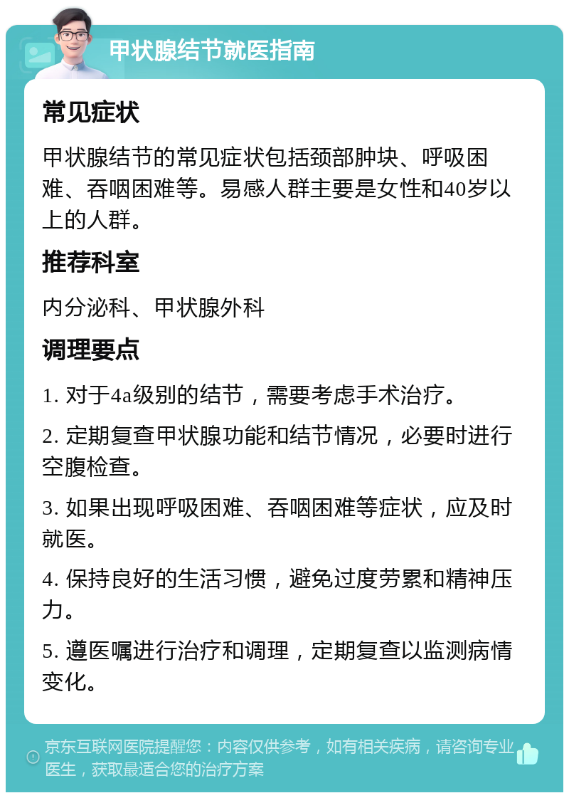 甲状腺结节就医指南 常见症状 甲状腺结节的常见症状包括颈部肿块、呼吸困难、吞咽困难等。易感人群主要是女性和40岁以上的人群。 推荐科室 内分泌科、甲状腺外科 调理要点 1. 对于4a级别的结节，需要考虑手术治疗。 2. 定期复查甲状腺功能和结节情况，必要时进行空腹检查。 3. 如果出现呼吸困难、吞咽困难等症状，应及时就医。 4. 保持良好的生活习惯，避免过度劳累和精神压力。 5. 遵医嘱进行治疗和调理，定期复查以监测病情变化。