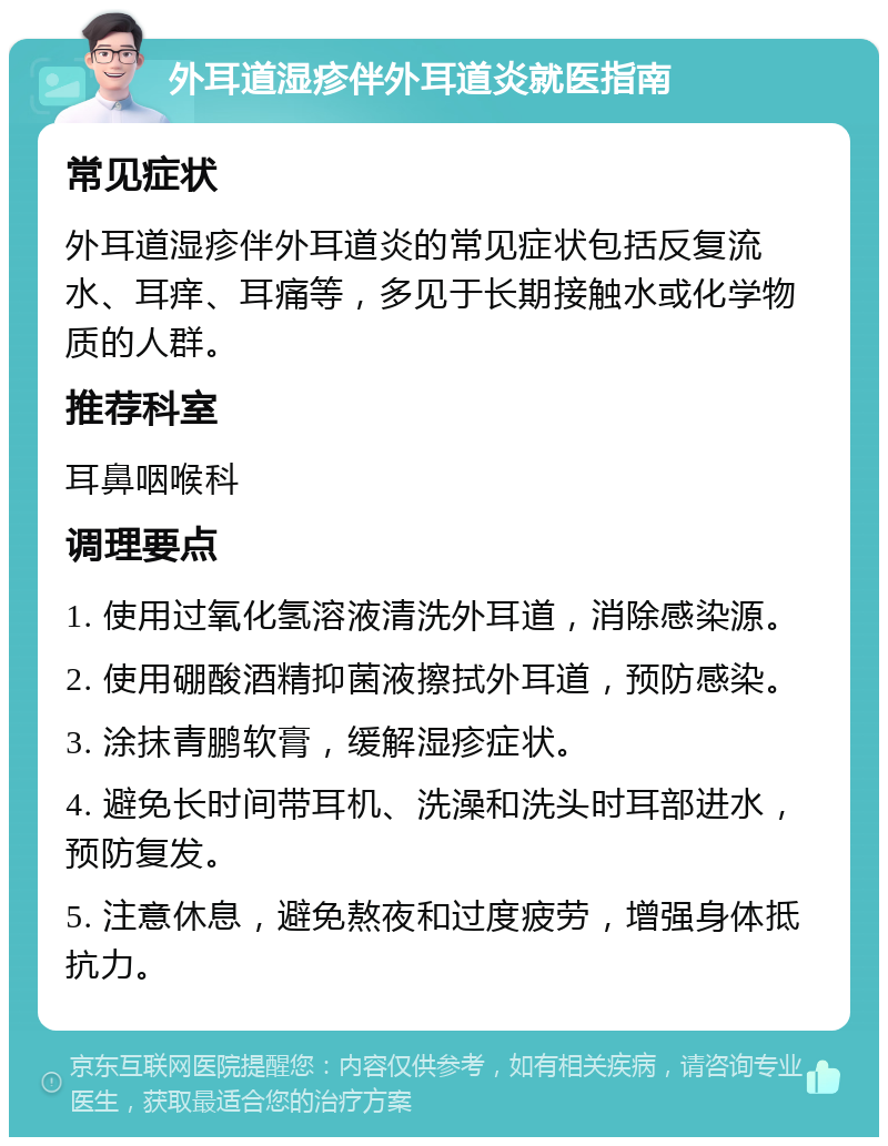 外耳道湿疹伴外耳道炎就医指南 常见症状 外耳道湿疹伴外耳道炎的常见症状包括反复流水、耳痒、耳痛等，多见于长期接触水或化学物质的人群。 推荐科室 耳鼻咽喉科 调理要点 1. 使用过氧化氢溶液清洗外耳道，消除感染源。 2. 使用硼酸酒精抑菌液擦拭外耳道，预防感染。 3. 涂抹青鹏软膏，缓解湿疹症状。 4. 避免长时间带耳机、洗澡和洗头时耳部进水，预防复发。 5. 注意休息，避免熬夜和过度疲劳，增强身体抵抗力。