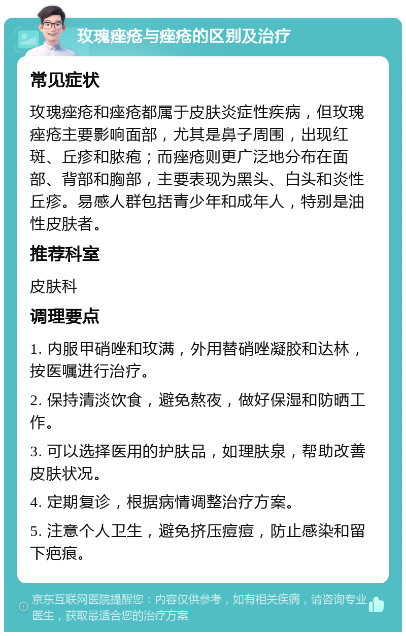 玫瑰痤疮与痤疮的区别及治疗 常见症状 玫瑰痤疮和痤疮都属于皮肤炎症性疾病，但玫瑰痤疮主要影响面部，尤其是鼻子周围，出现红斑、丘疹和脓疱；而痤疮则更广泛地分布在面部、背部和胸部，主要表现为黑头、白头和炎性丘疹。易感人群包括青少年和成年人，特别是油性皮肤者。 推荐科室 皮肤科 调理要点 1. 内服甲硝唑和玫满，外用替硝唑凝胶和达林，按医嘱进行治疗。 2. 保持清淡饮食，避免熬夜，做好保湿和防晒工作。 3. 可以选择医用的护肤品，如理肤泉，帮助改善皮肤状况。 4. 定期复诊，根据病情调整治疗方案。 5. 注意个人卫生，避免挤压痘痘，防止感染和留下疤痕。