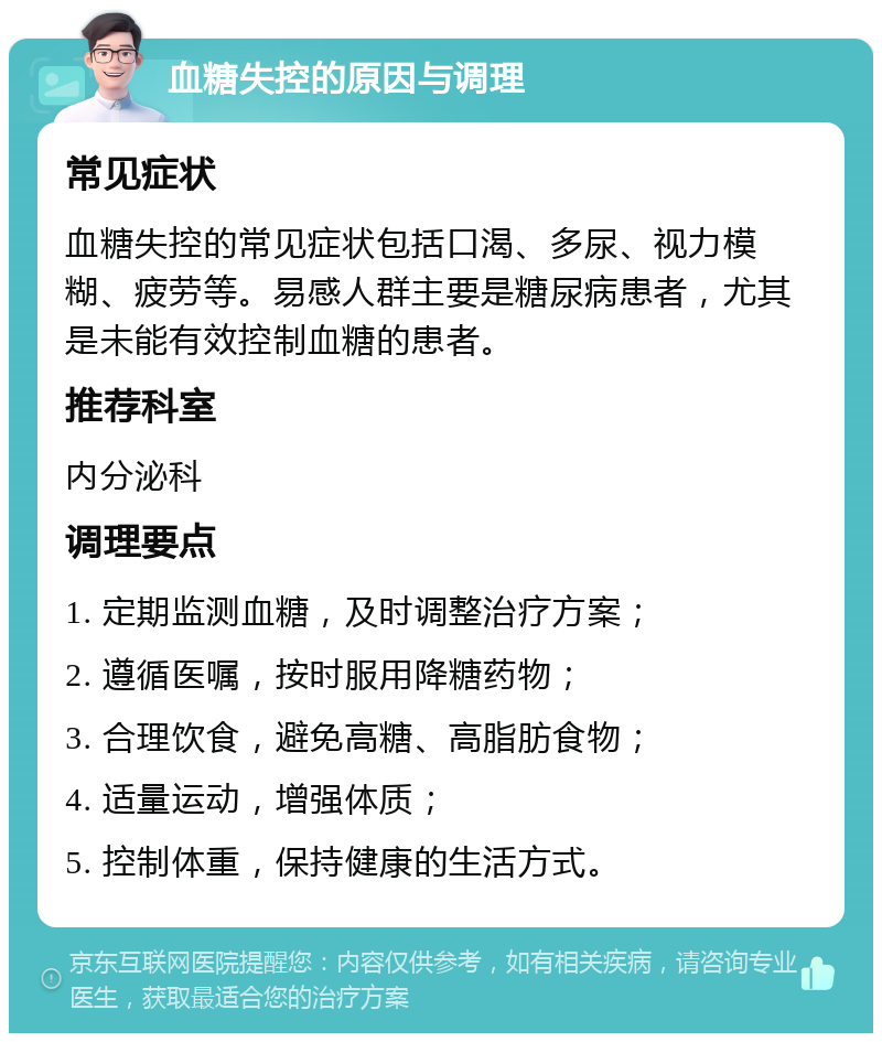 血糖失控的原因与调理 常见症状 血糖失控的常见症状包括口渴、多尿、视力模糊、疲劳等。易感人群主要是糖尿病患者，尤其是未能有效控制血糖的患者。 推荐科室 内分泌科 调理要点 1. 定期监测血糖，及时调整治疗方案； 2. 遵循医嘱，按时服用降糖药物； 3. 合理饮食，避免高糖、高脂肪食物； 4. 适量运动，增强体质； 5. 控制体重，保持健康的生活方式。