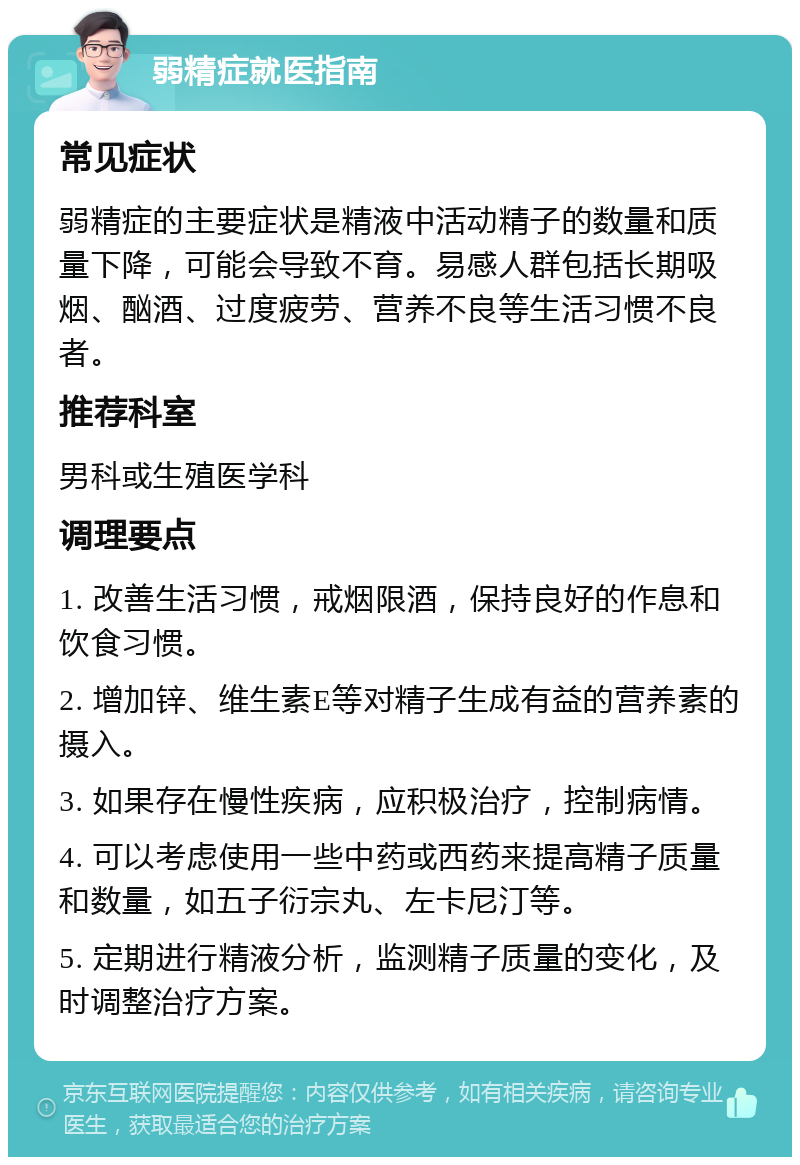 弱精症就医指南 常见症状 弱精症的主要症状是精液中活动精子的数量和质量下降，可能会导致不育。易感人群包括长期吸烟、酗酒、过度疲劳、营养不良等生活习惯不良者。 推荐科室 男科或生殖医学科 调理要点 1. 改善生活习惯，戒烟限酒，保持良好的作息和饮食习惯。 2. 增加锌、维生素E等对精子生成有益的营养素的摄入。 3. 如果存在慢性疾病，应积极治疗，控制病情。 4. 可以考虑使用一些中药或西药来提高精子质量和数量，如五子衍宗丸、左卡尼汀等。 5. 定期进行精液分析，监测精子质量的变化，及时调整治疗方案。