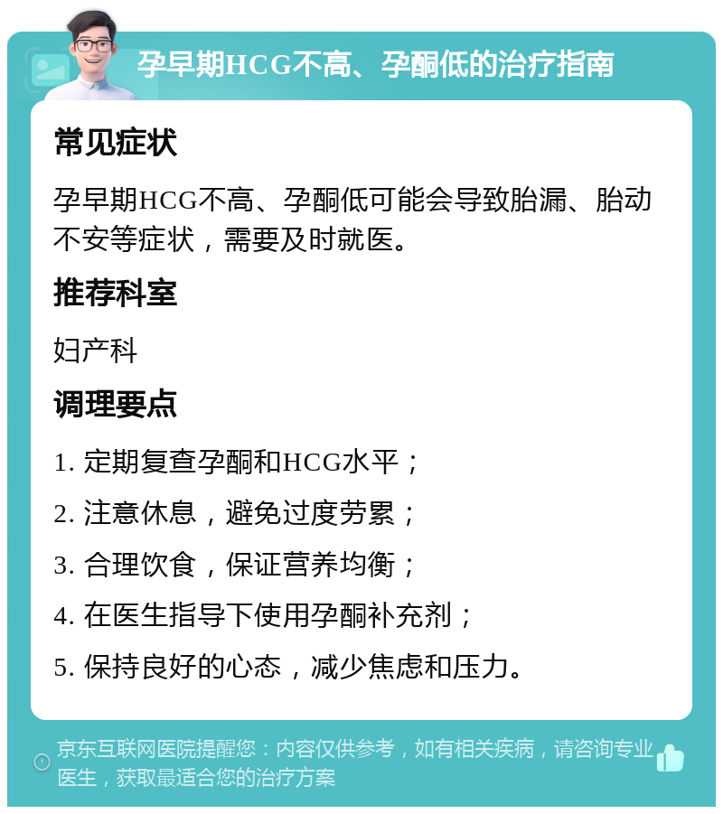 孕早期HCG不高、孕酮低的治疗指南 常见症状 孕早期HCG不高、孕酮低可能会导致胎漏、胎动不安等症状，需要及时就医。 推荐科室 妇产科 调理要点 1. 定期复查孕酮和HCG水平； 2. 注意休息，避免过度劳累； 3. 合理饮食，保证营养均衡； 4. 在医生指导下使用孕酮补充剂； 5. 保持良好的心态，减少焦虑和压力。