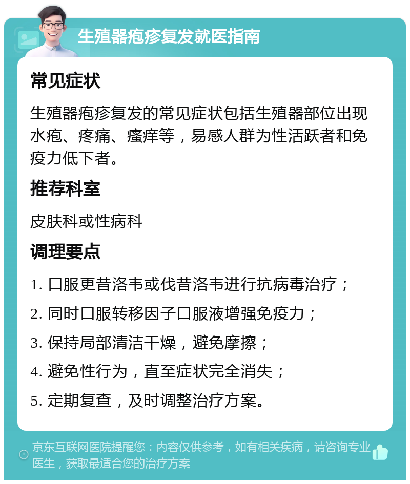 生殖器疱疹复发就医指南 常见症状 生殖器疱疹复发的常见症状包括生殖器部位出现水疱、疼痛、瘙痒等，易感人群为性活跃者和免疫力低下者。 推荐科室 皮肤科或性病科 调理要点 1. 口服更昔洛韦或伐昔洛韦进行抗病毒治疗； 2. 同时口服转移因子口服液增强免疫力； 3. 保持局部清洁干燥，避免摩擦； 4. 避免性行为，直至症状完全消失； 5. 定期复查，及时调整治疗方案。