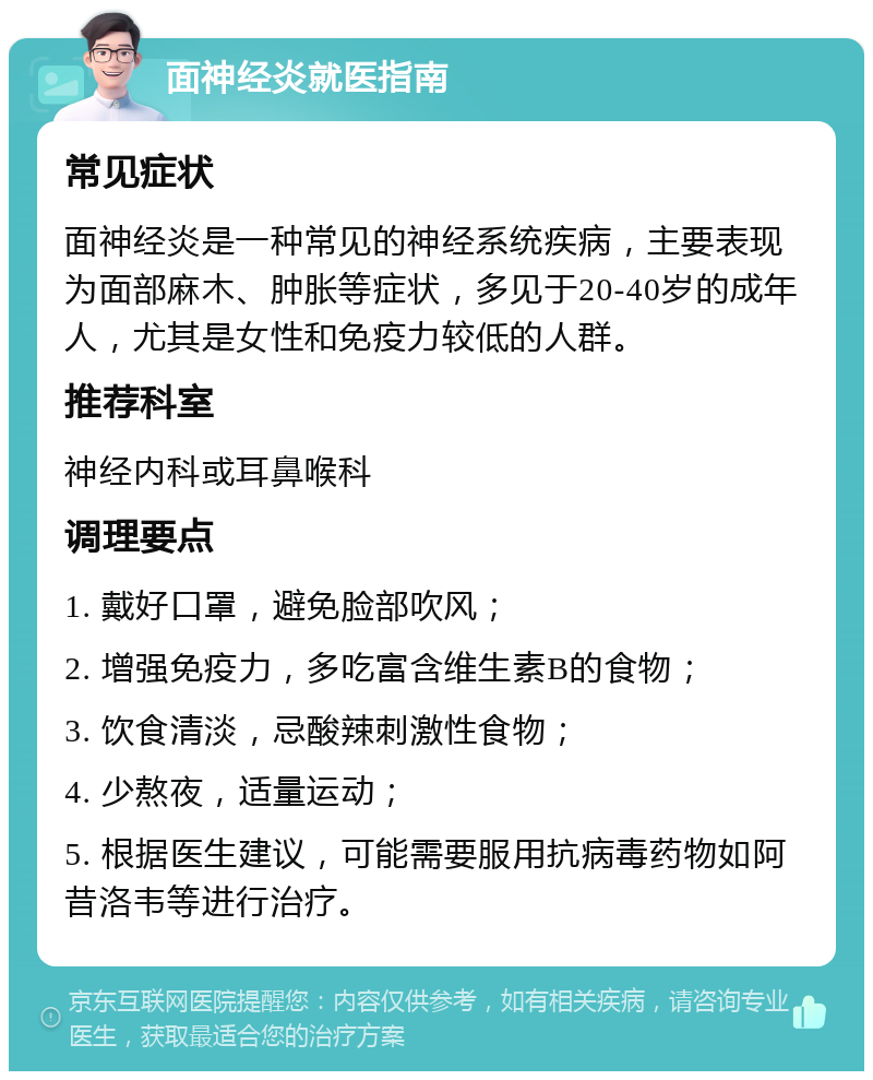 面神经炎就医指南 常见症状 面神经炎是一种常见的神经系统疾病，主要表现为面部麻木、肿胀等症状，多见于20-40岁的成年人，尤其是女性和免疫力较低的人群。 推荐科室 神经内科或耳鼻喉科 调理要点 1. 戴好口罩，避免脸部吹风； 2. 增强免疫力，多吃富含维生素B的食物； 3. 饮食清淡，忌酸辣刺激性食物； 4. 少熬夜，适量运动； 5. 根据医生建议，可能需要服用抗病毒药物如阿昔洛韦等进行治疗。