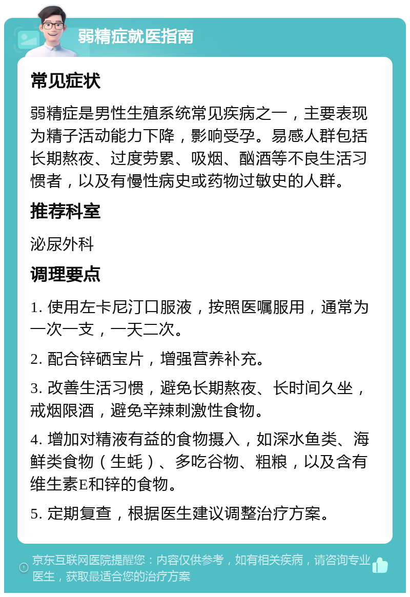 弱精症就医指南 常见症状 弱精症是男性生殖系统常见疾病之一，主要表现为精子活动能力下降，影响受孕。易感人群包括长期熬夜、过度劳累、吸烟、酗酒等不良生活习惯者，以及有慢性病史或药物过敏史的人群。 推荐科室 泌尿外科 调理要点 1. 使用左卡尼汀口服液，按照医嘱服用，通常为一次一支，一天二次。 2. 配合锌硒宝片，增强营养补充。 3. 改善生活习惯，避免长期熬夜、长时间久坐，戒烟限酒，避免辛辣刺激性食物。 4. 增加对精液有益的食物摄入，如深水鱼类、海鲜类食物（生蚝）、多吃谷物、粗粮，以及含有维生素E和锌的食物。 5. 定期复查，根据医生建议调整治疗方案。