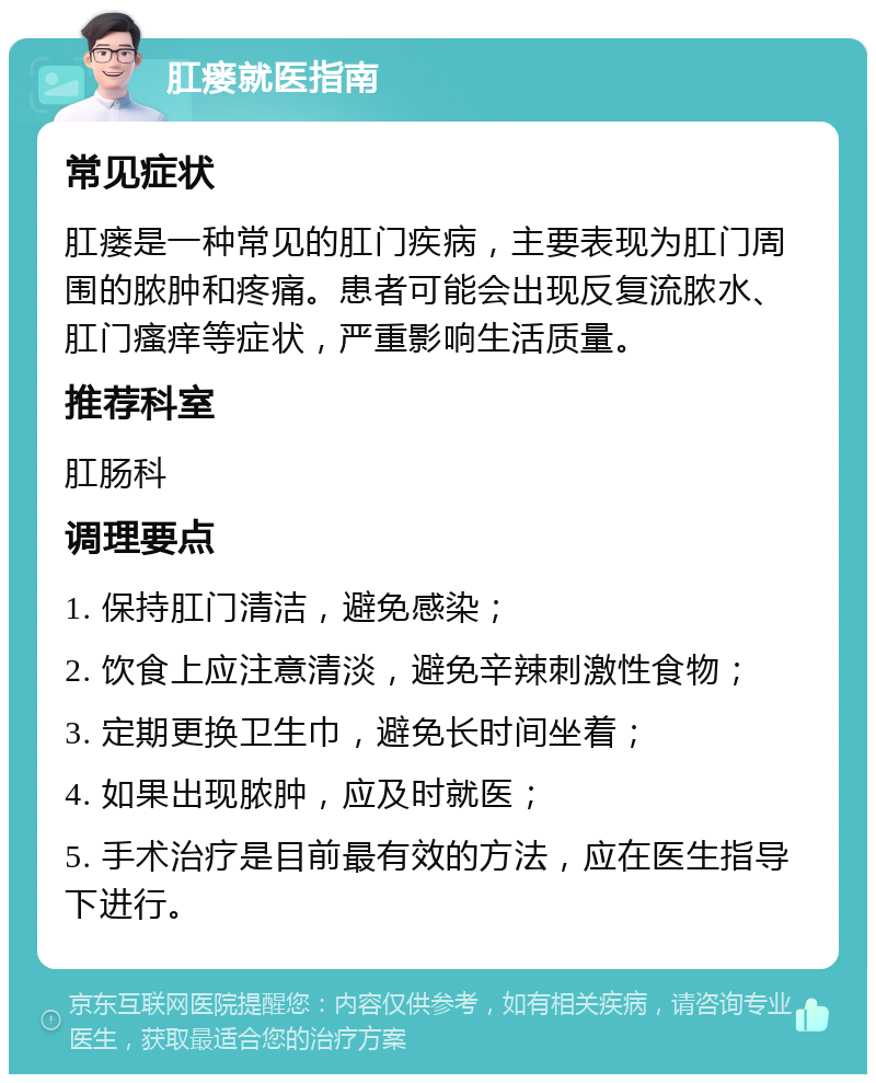 肛瘘就医指南 常见症状 肛瘘是一种常见的肛门疾病，主要表现为肛门周围的脓肿和疼痛。患者可能会出现反复流脓水、肛门瘙痒等症状，严重影响生活质量。 推荐科室 肛肠科 调理要点 1. 保持肛门清洁，避免感染； 2. 饮食上应注意清淡，避免辛辣刺激性食物； 3. 定期更换卫生巾，避免长时间坐着； 4. 如果出现脓肿，应及时就医； 5. 手术治疗是目前最有效的方法，应在医生指导下进行。