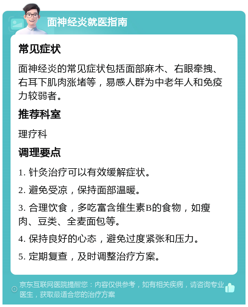 面神经炎就医指南 常见症状 面神经炎的常见症状包括面部麻木、右眼牵拽、右耳下肌肉涨堵等，易感人群为中老年人和免疫力较弱者。 推荐科室 理疗科 调理要点 1. 针灸治疗可以有效缓解症状。 2. 避免受凉，保持面部温暖。 3. 合理饮食，多吃富含维生素B的食物，如瘦肉、豆类、全麦面包等。 4. 保持良好的心态，避免过度紧张和压力。 5. 定期复查，及时调整治疗方案。