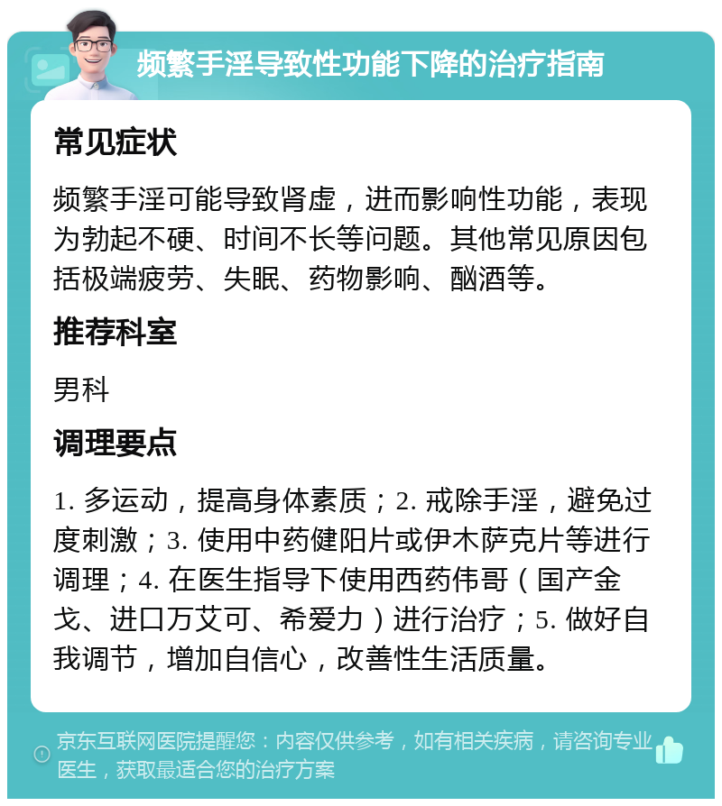 频繁手淫导致性功能下降的治疗指南 常见症状 频繁手淫可能导致肾虚，进而影响性功能，表现为勃起不硬、时间不长等问题。其他常见原因包括极端疲劳、失眠、药物影响、酗酒等。 推荐科室 男科 调理要点 1. 多运动，提高身体素质；2. 戒除手淫，避免过度刺激；3. 使用中药健阳片或伊木萨克片等进行调理；4. 在医生指导下使用西药伟哥（国产金戈、进口万艾可、希爱力）进行治疗；5. 做好自我调节，增加自信心，改善性生活质量。