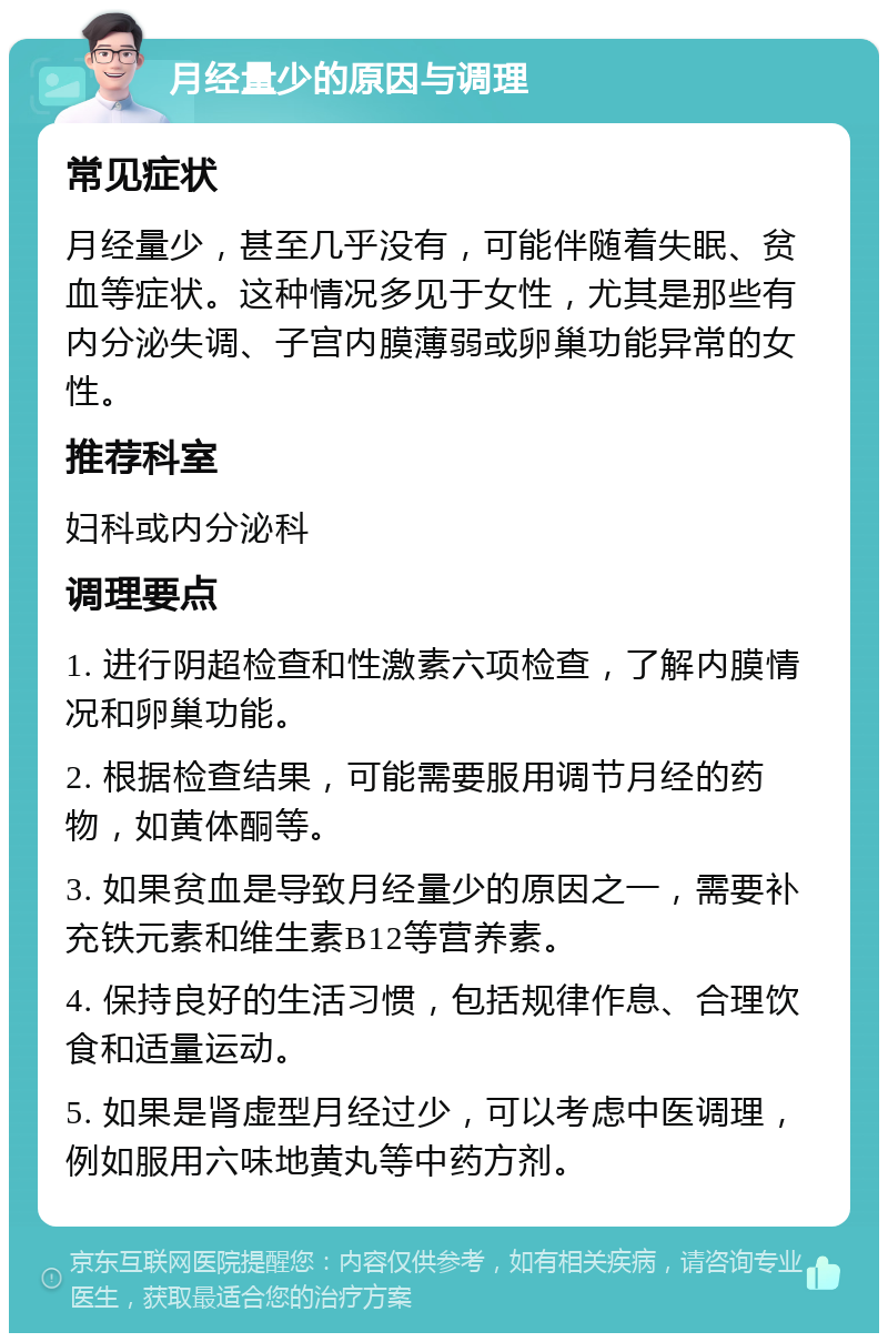 月经量少的原因与调理 常见症状 月经量少，甚至几乎没有，可能伴随着失眠、贫血等症状。这种情况多见于女性，尤其是那些有内分泌失调、子宫内膜薄弱或卵巢功能异常的女性。 推荐科室 妇科或内分泌科 调理要点 1. 进行阴超检查和性激素六项检查，了解内膜情况和卵巢功能。 2. 根据检查结果，可能需要服用调节月经的药物，如黄体酮等。 3. 如果贫血是导致月经量少的原因之一，需要补充铁元素和维生素B12等营养素。 4. 保持良好的生活习惯，包括规律作息、合理饮食和适量运动。 5. 如果是肾虚型月经过少，可以考虑中医调理，例如服用六味地黄丸等中药方剂。