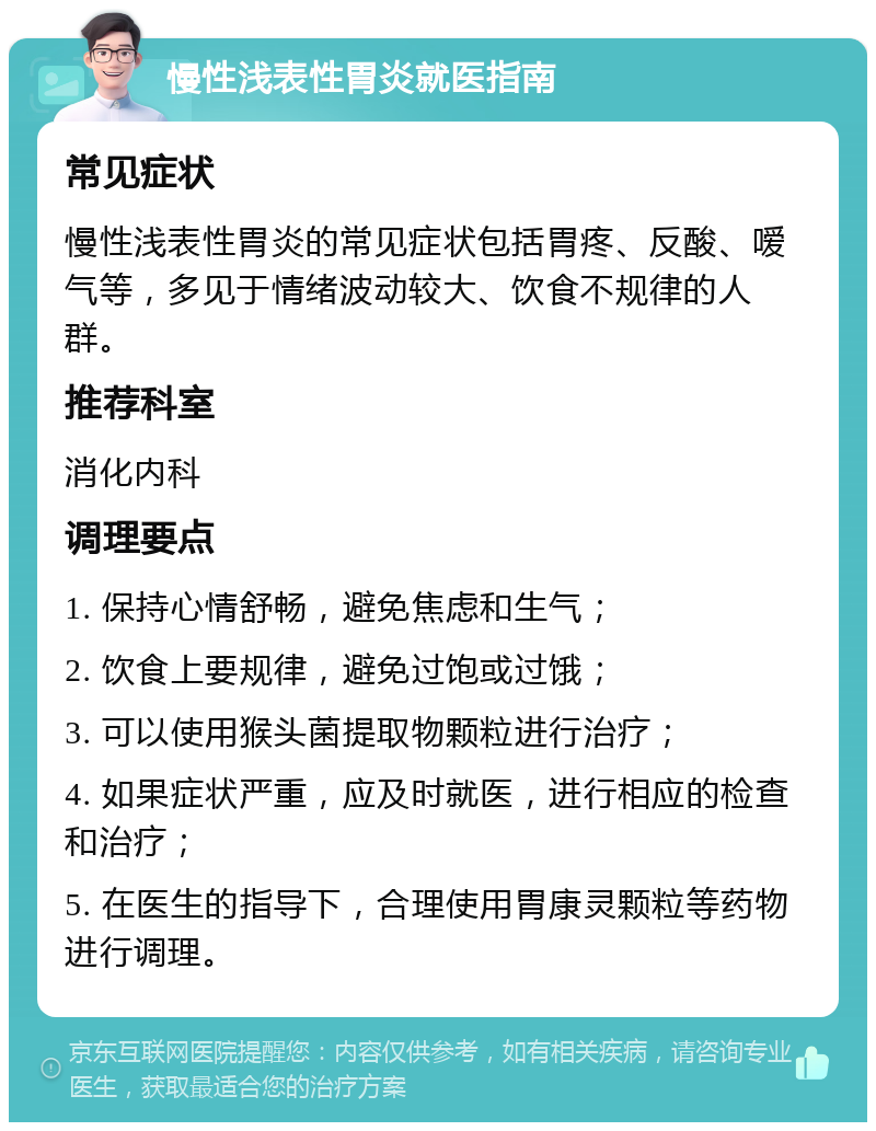 慢性浅表性胃炎就医指南 常见症状 慢性浅表性胃炎的常见症状包括胃疼、反酸、嗳气等，多见于情绪波动较大、饮食不规律的人群。 推荐科室 消化内科 调理要点 1. 保持心情舒畅，避免焦虑和生气； 2. 饮食上要规律，避免过饱或过饿； 3. 可以使用猴头菌提取物颗粒进行治疗； 4. 如果症状严重，应及时就医，进行相应的检查和治疗； 5. 在医生的指导下，合理使用胃康灵颗粒等药物进行调理。