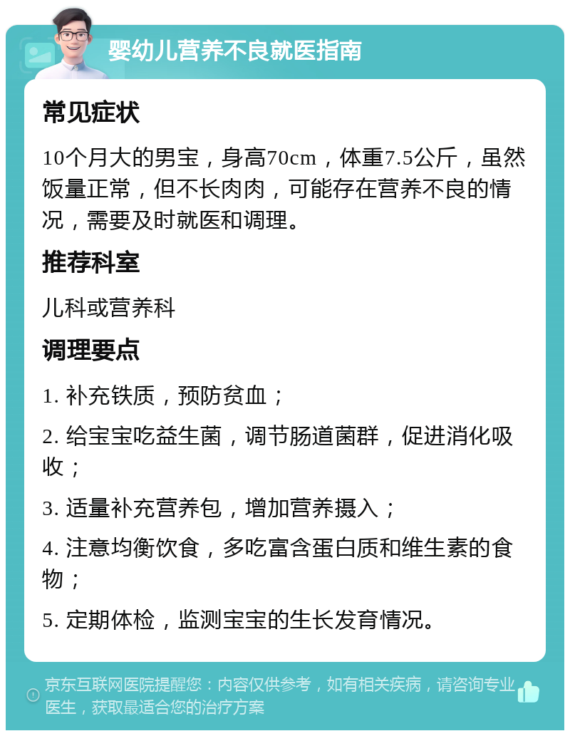 婴幼儿营养不良就医指南 常见症状 10个月大的男宝，身高70cm，体重7.5公斤，虽然饭量正常，但不长肉肉，可能存在营养不良的情况，需要及时就医和调理。 推荐科室 儿科或营养科 调理要点 1. 补充铁质，预防贫血； 2. 给宝宝吃益生菌，调节肠道菌群，促进消化吸收； 3. 适量补充营养包，增加营养摄入； 4. 注意均衡饮食，多吃富含蛋白质和维生素的食物； 5. 定期体检，监测宝宝的生长发育情况。