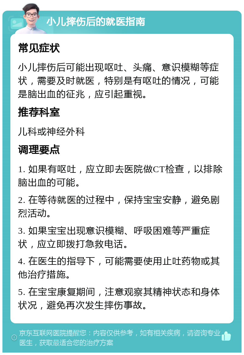 小儿摔伤后的就医指南 常见症状 小儿摔伤后可能出现呕吐、头痛、意识模糊等症状，需要及时就医，特别是有呕吐的情况，可能是脑出血的征兆，应引起重视。 推荐科室 儿科或神经外科 调理要点 1. 如果有呕吐，应立即去医院做CT检查，以排除脑出血的可能。 2. 在等待就医的过程中，保持宝宝安静，避免剧烈活动。 3. 如果宝宝出现意识模糊、呼吸困难等严重症状，应立即拨打急救电话。 4. 在医生的指导下，可能需要使用止吐药物或其他治疗措施。 5. 在宝宝康复期间，注意观察其精神状态和身体状况，避免再次发生摔伤事故。