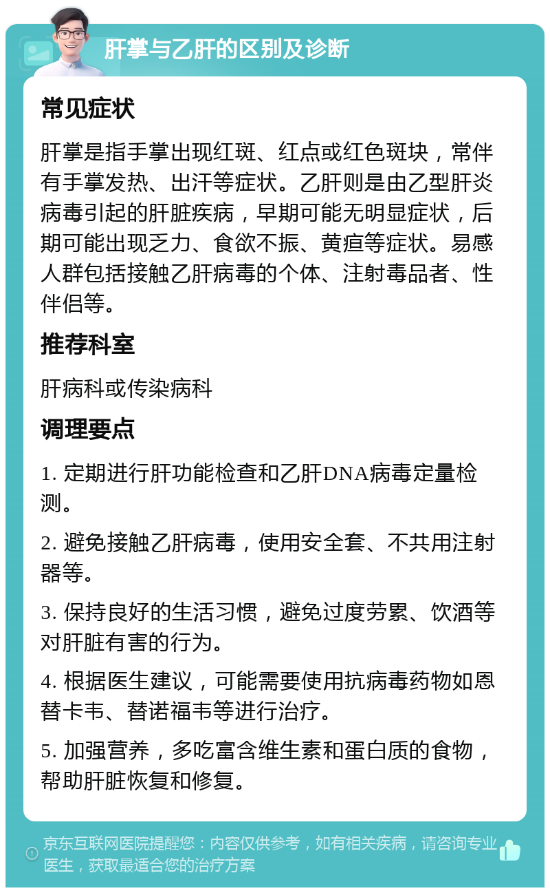 肝掌与乙肝的区别及诊断 常见症状 肝掌是指手掌出现红斑、红点或红色斑块，常伴有手掌发热、出汗等症状。乙肝则是由乙型肝炎病毒引起的肝脏疾病，早期可能无明显症状，后期可能出现乏力、食欲不振、黄疸等症状。易感人群包括接触乙肝病毒的个体、注射毒品者、性伴侣等。 推荐科室 肝病科或传染病科 调理要点 1. 定期进行肝功能检查和乙肝DNA病毒定量检测。 2. 避免接触乙肝病毒，使用安全套、不共用注射器等。 3. 保持良好的生活习惯，避免过度劳累、饮酒等对肝脏有害的行为。 4. 根据医生建议，可能需要使用抗病毒药物如恩替卡韦、替诺福韦等进行治疗。 5. 加强营养，多吃富含维生素和蛋白质的食物，帮助肝脏恢复和修复。