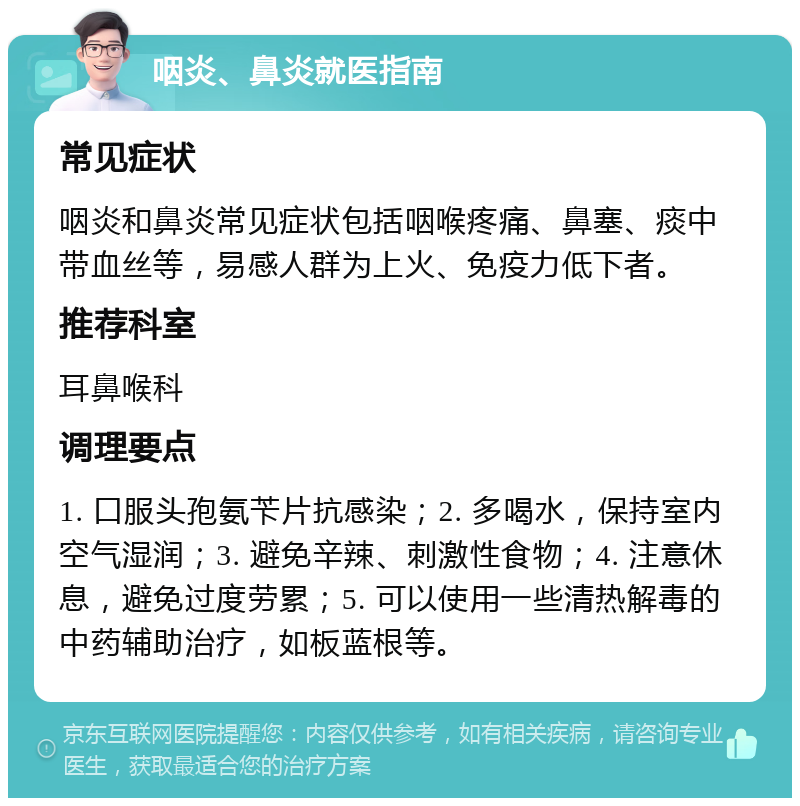 咽炎、鼻炎就医指南 常见症状 咽炎和鼻炎常见症状包括咽喉疼痛、鼻塞、痰中带血丝等，易感人群为上火、免疫力低下者。 推荐科室 耳鼻喉科 调理要点 1. 口服头孢氨苄片抗感染；2. 多喝水，保持室内空气湿润；3. 避免辛辣、刺激性食物；4. 注意休息，避免过度劳累；5. 可以使用一些清热解毒的中药辅助治疗，如板蓝根等。