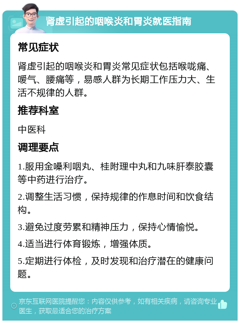 肾虚引起的咽喉炎和胃炎就医指南 常见症状 肾虚引起的咽喉炎和胃炎常见症状包括喉咙痛、嗳气、腰痛等，易感人群为长期工作压力大、生活不规律的人群。 推荐科室 中医科 调理要点 1.服用金嗓利咽丸、桂附理中丸和九味肝泰胶囊等中药进行治疗。 2.调整生活习惯，保持规律的作息时间和饮食结构。 3.避免过度劳累和精神压力，保持心情愉悦。 4.适当进行体育锻炼，增强体质。 5.定期进行体检，及时发现和治疗潜在的健康问题。