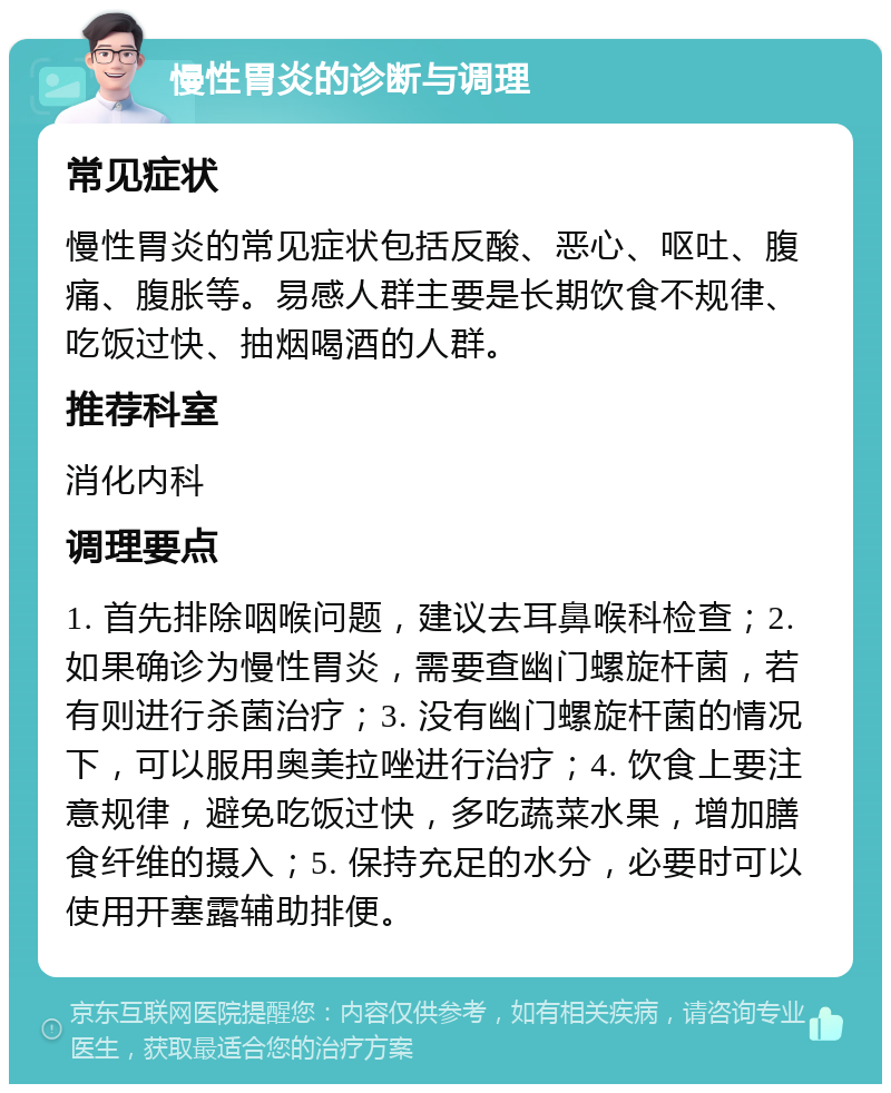 慢性胃炎的诊断与调理 常见症状 慢性胃炎的常见症状包括反酸、恶心、呕吐、腹痛、腹胀等。易感人群主要是长期饮食不规律、吃饭过快、抽烟喝酒的人群。 推荐科室 消化内科 调理要点 1. 首先排除咽喉问题，建议去耳鼻喉科检查；2. 如果确诊为慢性胃炎，需要查幽门螺旋杆菌，若有则进行杀菌治疗；3. 没有幽门螺旋杆菌的情况下，可以服用奥美拉唑进行治疗；4. 饮食上要注意规律，避免吃饭过快，多吃蔬菜水果，增加膳食纤维的摄入；5. 保持充足的水分，必要时可以使用开塞露辅助排便。