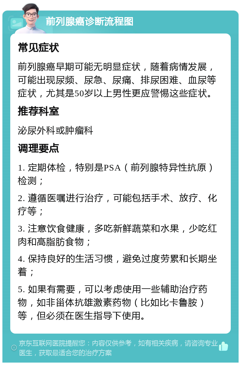 前列腺癌诊断流程图 常见症状 前列腺癌早期可能无明显症状，随着病情发展，可能出现尿频、尿急、尿痛、排尿困难、血尿等症状，尤其是50岁以上男性更应警惕这些症状。 推荐科室 泌尿外科或肿瘤科 调理要点 1. 定期体检，特别是PSA（前列腺特异性抗原）检测； 2. 遵循医嘱进行治疗，可能包括手术、放疗、化疗等； 3. 注意饮食健康，多吃新鲜蔬菜和水果，少吃红肉和高脂肪食物； 4. 保持良好的生活习惯，避免过度劳累和长期坐着； 5. 如果有需要，可以考虑使用一些辅助治疗药物，如非甾体抗雄激素药物（比如比卡鲁胺）等，但必须在医生指导下使用。