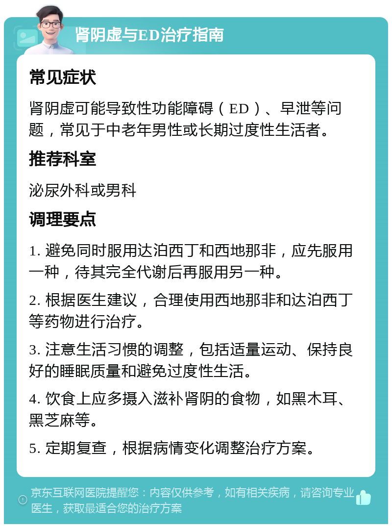 肾阴虚与ED治疗指南 常见症状 肾阴虚可能导致性功能障碍（ED）、早泄等问题，常见于中老年男性或长期过度性生活者。 推荐科室 泌尿外科或男科 调理要点 1. 避免同时服用达泊西丁和西地那非，应先服用一种，待其完全代谢后再服用另一种。 2. 根据医生建议，合理使用西地那非和达泊西丁等药物进行治疗。 3. 注意生活习惯的调整，包括适量运动、保持良好的睡眠质量和避免过度性生活。 4. 饮食上应多摄入滋补肾阴的食物，如黑木耳、黑芝麻等。 5. 定期复查，根据病情变化调整治疗方案。