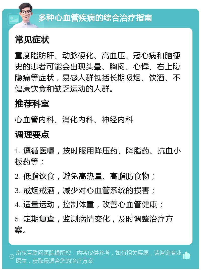 多种心血管疾病的综合治疗指南 常见症状 重度脂肪肝、动脉硬化、高血压、冠心病和脑梗史的患者可能会出现头晕、胸闷、心悸、右上腹隐痛等症状，易感人群包括长期吸烟、饮酒、不健康饮食和缺乏运动的人群。 推荐科室 心血管内科、消化内科、神经内科 调理要点 1. 遵循医嘱，按时服用降压药、降脂药、抗血小板药等； 2. 低脂饮食，避免高热量、高脂肪食物； 3. 戒烟戒酒，减少对心血管系统的损害； 4. 适量运动，控制体重，改善心血管健康； 5. 定期复查，监测病情变化，及时调整治疗方案。