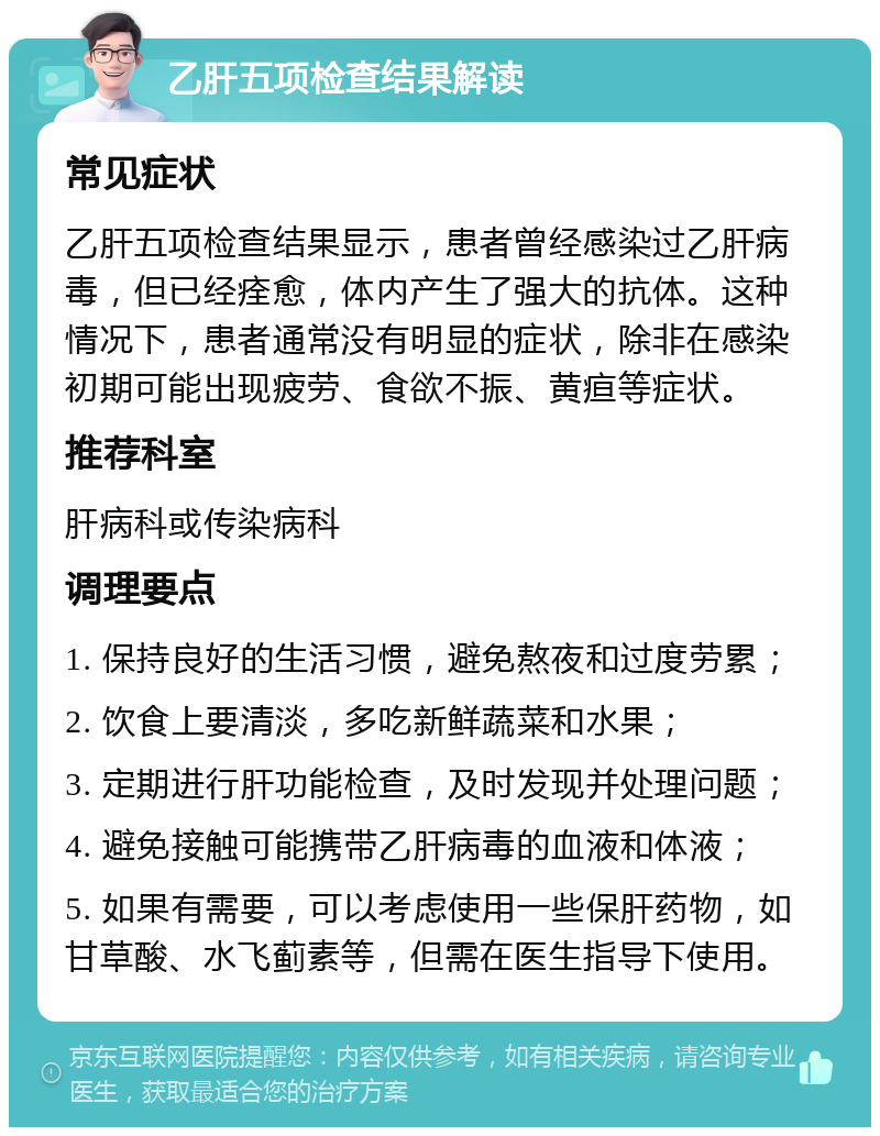 乙肝五项检查结果解读 常见症状 乙肝五项检查结果显示，患者曾经感染过乙肝病毒，但已经痊愈，体内产生了强大的抗体。这种情况下，患者通常没有明显的症状，除非在感染初期可能出现疲劳、食欲不振、黄疸等症状。 推荐科室 肝病科或传染病科 调理要点 1. 保持良好的生活习惯，避免熬夜和过度劳累； 2. 饮食上要清淡，多吃新鲜蔬菜和水果； 3. 定期进行肝功能检查，及时发现并处理问题； 4. 避免接触可能携带乙肝病毒的血液和体液； 5. 如果有需要，可以考虑使用一些保肝药物，如甘草酸、水飞蓟素等，但需在医生指导下使用。