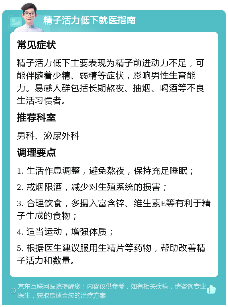 精子活力低下就医指南 常见症状 精子活力低下主要表现为精子前进动力不足，可能伴随着少精、弱精等症状，影响男性生育能力。易感人群包括长期熬夜、抽烟、喝酒等不良生活习惯者。 推荐科室 男科、泌尿外科 调理要点 1. 生活作息调整，避免熬夜，保持充足睡眠； 2. 戒烟限酒，减少对生殖系统的损害； 3. 合理饮食，多摄入富含锌、维生素E等有利于精子生成的食物； 4. 适当运动，增强体质； 5. 根据医生建议服用生精片等药物，帮助改善精子活力和数量。