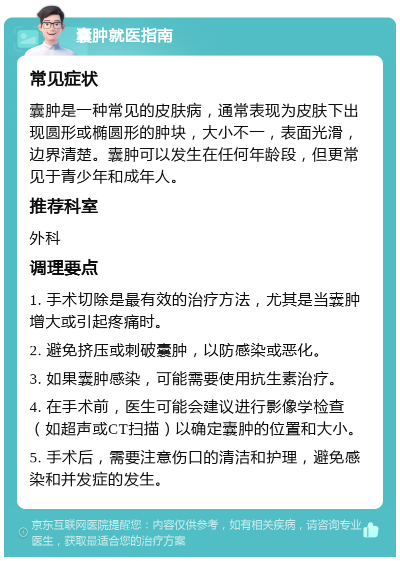 囊肿就医指南 常见症状 囊肿是一种常见的皮肤病，通常表现为皮肤下出现圆形或椭圆形的肿块，大小不一，表面光滑，边界清楚。囊肿可以发生在任何年龄段，但更常见于青少年和成年人。 推荐科室 外科 调理要点 1. 手术切除是最有效的治疗方法，尤其是当囊肿增大或引起疼痛时。 2. 避免挤压或刺破囊肿，以防感染或恶化。 3. 如果囊肿感染，可能需要使用抗生素治疗。 4. 在手术前，医生可能会建议进行影像学检查（如超声或CT扫描）以确定囊肿的位置和大小。 5. 手术后，需要注意伤口的清洁和护理，避免感染和并发症的发生。