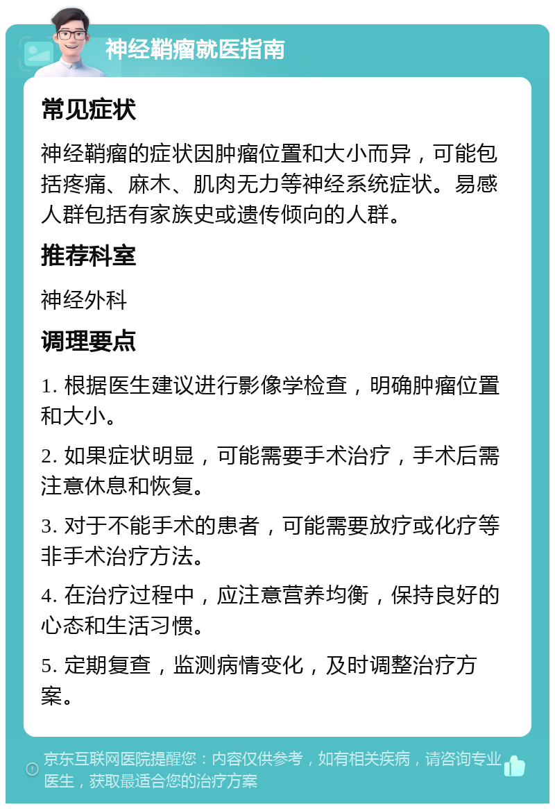 神经鞘瘤就医指南 常见症状 神经鞘瘤的症状因肿瘤位置和大小而异，可能包括疼痛、麻木、肌肉无力等神经系统症状。易感人群包括有家族史或遗传倾向的人群。 推荐科室 神经外科 调理要点 1. 根据医生建议进行影像学检查，明确肿瘤位置和大小。 2. 如果症状明显，可能需要手术治疗，手术后需注意休息和恢复。 3. 对于不能手术的患者，可能需要放疗或化疗等非手术治疗方法。 4. 在治疗过程中，应注意营养均衡，保持良好的心态和生活习惯。 5. 定期复查，监测病情变化，及时调整治疗方案。