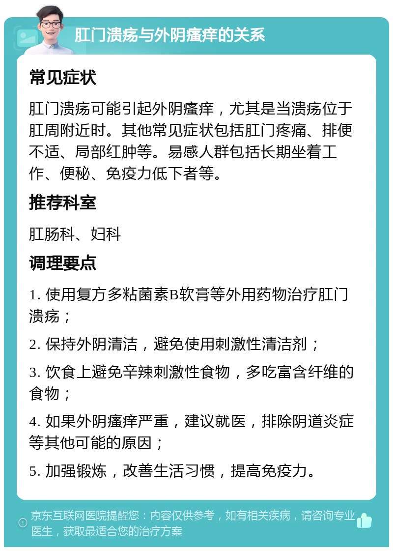 肛门溃疡与外阴瘙痒的关系 常见症状 肛门溃疡可能引起外阴瘙痒，尤其是当溃疡位于肛周附近时。其他常见症状包括肛门疼痛、排便不适、局部红肿等。易感人群包括长期坐着工作、便秘、免疫力低下者等。 推荐科室 肛肠科、妇科 调理要点 1. 使用复方多粘菌素B软膏等外用药物治疗肛门溃疡； 2. 保持外阴清洁，避免使用刺激性清洁剂； 3. 饮食上避免辛辣刺激性食物，多吃富含纤维的食物； 4. 如果外阴瘙痒严重，建议就医，排除阴道炎症等其他可能的原因； 5. 加强锻炼，改善生活习惯，提高免疫力。