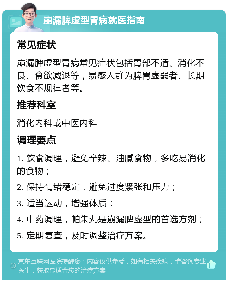 崩漏脾虚型胃病就医指南 常见症状 崩漏脾虚型胃病常见症状包括胃部不适、消化不良、食欲减退等，易感人群为脾胃虚弱者、长期饮食不规律者等。 推荐科室 消化内科或中医内科 调理要点 1. 饮食调理，避免辛辣、油腻食物，多吃易消化的食物； 2. 保持情绪稳定，避免过度紧张和压力； 3. 适当运动，增强体质； 4. 中药调理，帕朱丸是崩漏脾虚型的首选方剂； 5. 定期复查，及时调整治疗方案。