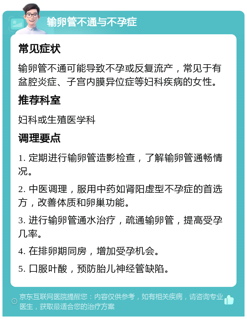 输卵管不通与不孕症 常见症状 输卵管不通可能导致不孕或反复流产，常见于有盆腔炎症、子宫内膜异位症等妇科疾病的女性。 推荐科室 妇科或生殖医学科 调理要点 1. 定期进行输卵管造影检查，了解输卵管通畅情况。 2. 中医调理，服用中药如肾阳虚型不孕症的首选方，改善体质和卵巢功能。 3. 进行输卵管通水治疗，疏通输卵管，提高受孕几率。 4. 在排卵期同房，增加受孕机会。 5. 口服叶酸，预防胎儿神经管缺陷。