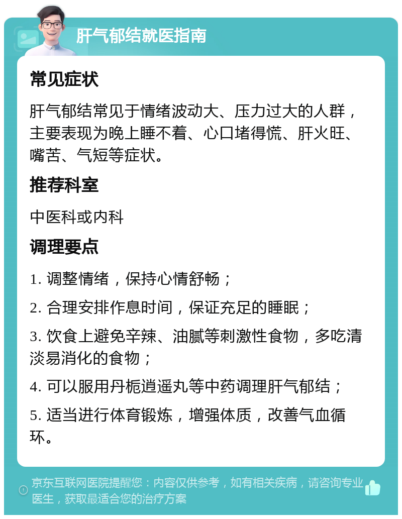 肝气郁结就医指南 常见症状 肝气郁结常见于情绪波动大、压力过大的人群，主要表现为晚上睡不着、心口堵得慌、肝火旺、嘴苦、气短等症状。 推荐科室 中医科或内科 调理要点 1. 调整情绪，保持心情舒畅； 2. 合理安排作息时间，保证充足的睡眠； 3. 饮食上避免辛辣、油腻等刺激性食物，多吃清淡易消化的食物； 4. 可以服用丹栀逍遥丸等中药调理肝气郁结； 5. 适当进行体育锻炼，增强体质，改善气血循环。