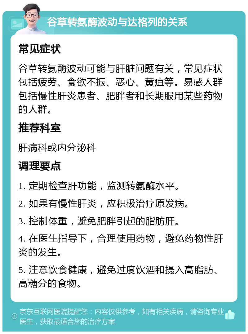 谷草转氨酶波动与达格列的关系 常见症状 谷草转氨酶波动可能与肝脏问题有关，常见症状包括疲劳、食欲不振、恶心、黄疸等。易感人群包括慢性肝炎患者、肥胖者和长期服用某些药物的人群。 推荐科室 肝病科或内分泌科 调理要点 1. 定期检查肝功能，监测转氨酶水平。 2. 如果有慢性肝炎，应积极治疗原发病。 3. 控制体重，避免肥胖引起的脂肪肝。 4. 在医生指导下，合理使用药物，避免药物性肝炎的发生。 5. 注意饮食健康，避免过度饮酒和摄入高脂肪、高糖分的食物。