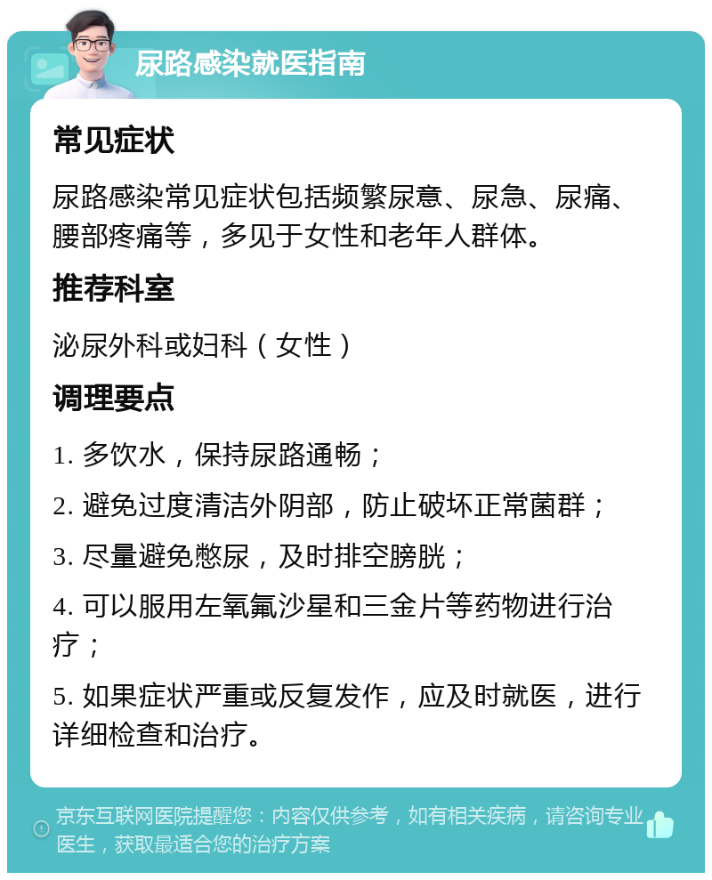 尿路感染就医指南 常见症状 尿路感染常见症状包括频繁尿意、尿急、尿痛、腰部疼痛等，多见于女性和老年人群体。 推荐科室 泌尿外科或妇科（女性） 调理要点 1. 多饮水，保持尿路通畅； 2. 避免过度清洁外阴部，防止破坏正常菌群； 3. 尽量避免憋尿，及时排空膀胱； 4. 可以服用左氧氟沙星和三金片等药物进行治疗； 5. 如果症状严重或反复发作，应及时就医，进行详细检查和治疗。