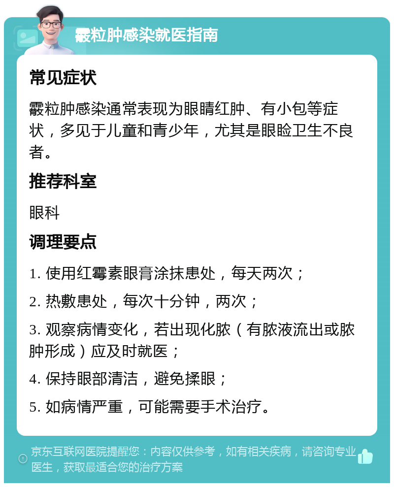 霰粒肿感染就医指南 常见症状 霰粒肿感染通常表现为眼睛红肿、有小包等症状，多见于儿童和青少年，尤其是眼睑卫生不良者。 推荐科室 眼科 调理要点 1. 使用红霉素眼膏涂抹患处，每天两次； 2. 热敷患处，每次十分钟，两次； 3. 观察病情变化，若出现化脓（有脓液流出或脓肿形成）应及时就医； 4. 保持眼部清洁，避免揉眼； 5. 如病情严重，可能需要手术治疗。